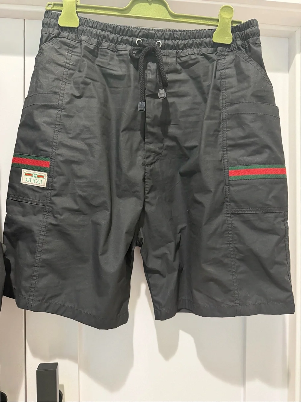 Gucci Black Cargo Shorts with Red-Green Stripe